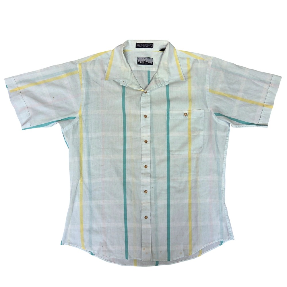 Vintage City Streets Mens Large Short Sleeve Striped Button Down Shirt Pastel